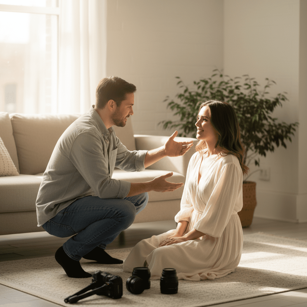 fotograf tłumaczy jak pozować