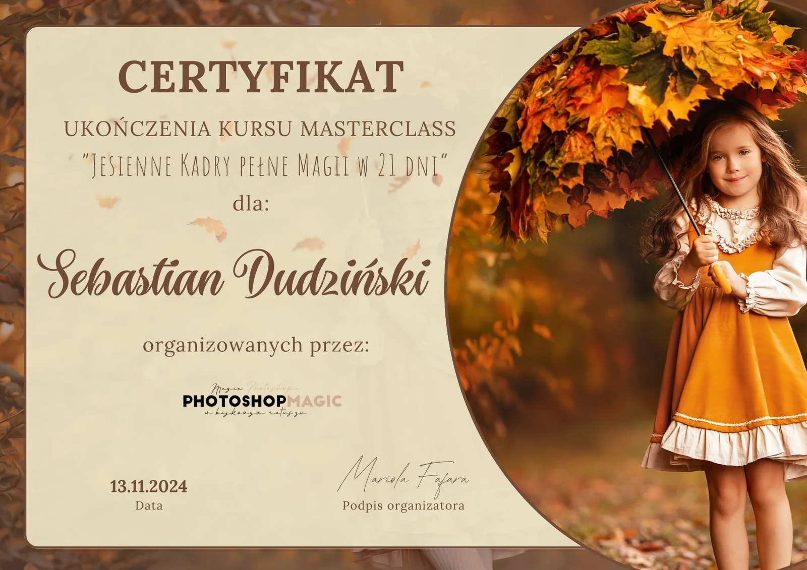 Certyfikat: Jesienne kadry pełne magii w 21 dni, Photoshop Magic 2024